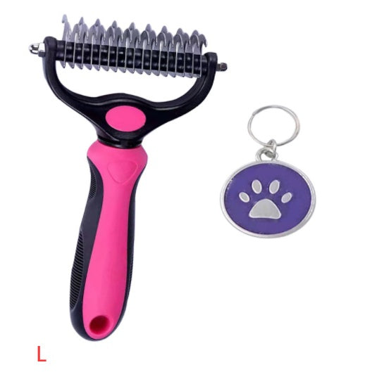 Pet Knot Remover Comb – Stainless Steel Grooming Tool for Cats & Dogs Rose Red L WIth dog tag