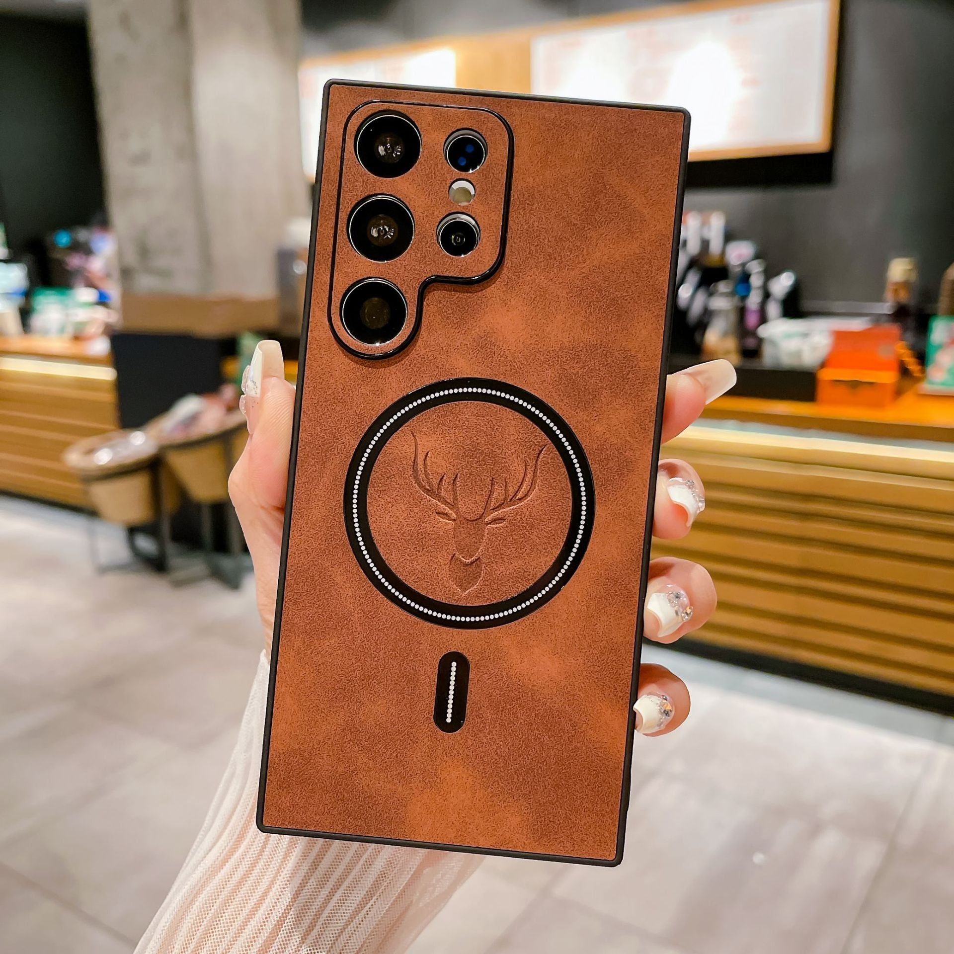 Magnetic Leather Case with Deer Design – For Samsung Dark Brown