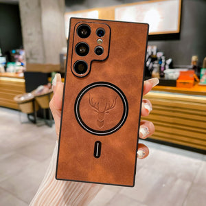 Magnetic Leather Case with Deer Design – For Samsung Dark Brown