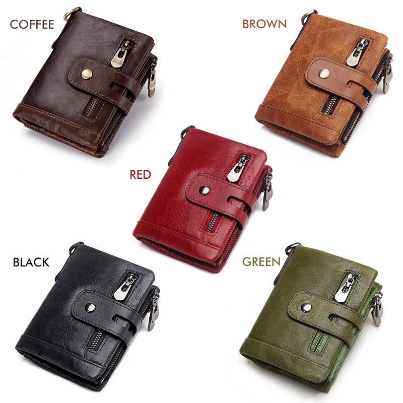 Large Capacity Cowhide Zipper Wallet – Anti-Theft RFID Leather Purse