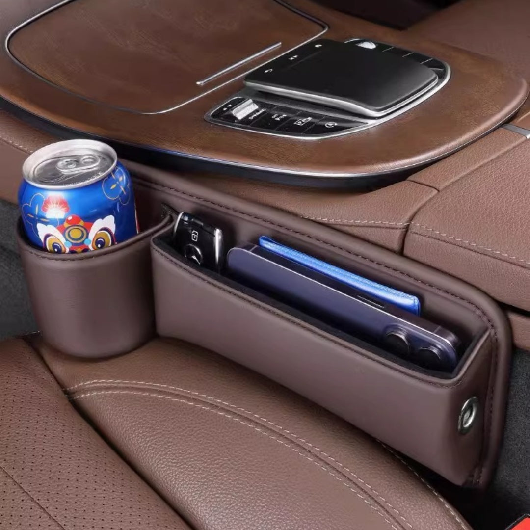 Multifunctional Car Seat Gap Storage Box with Cup Holder – Leather Organizer for Main & Co-Pilot Seats