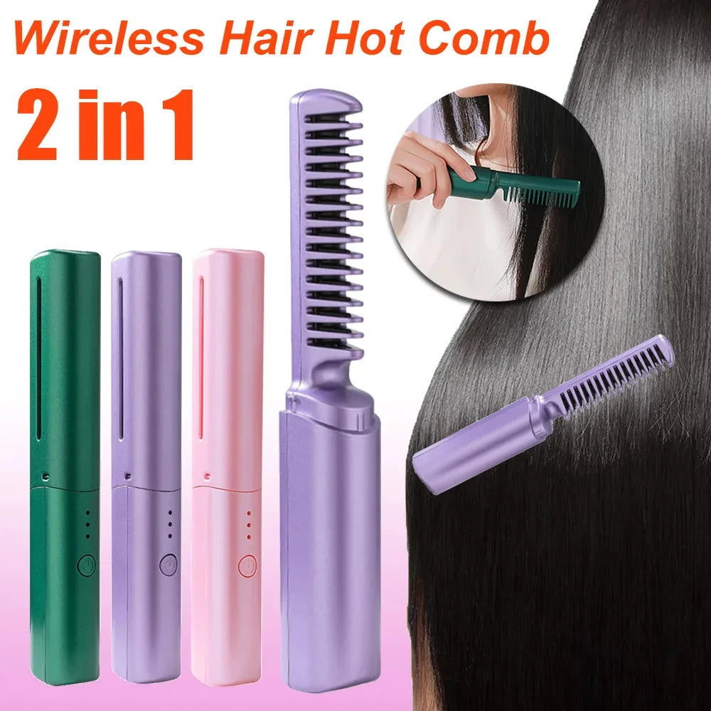 Wireless Hair Straightener & Curler Comb – 2-in-1 Fast Heating Styling Tool