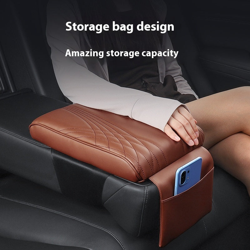 Car Armrest Cushion Pad – Heightened PU Leather Support with Pocket | Universal Fit