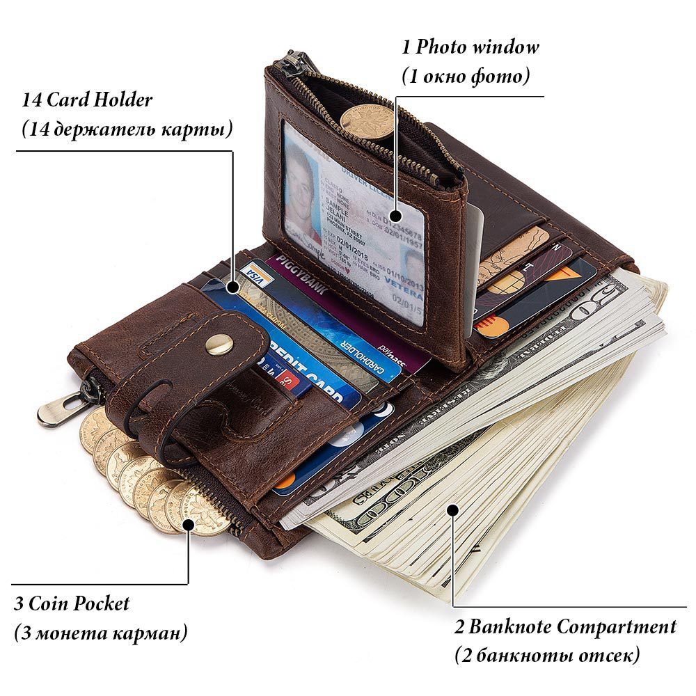 Large Capacity Cowhide Zipper Wallet – Anti-Theft RFID Leather Purse