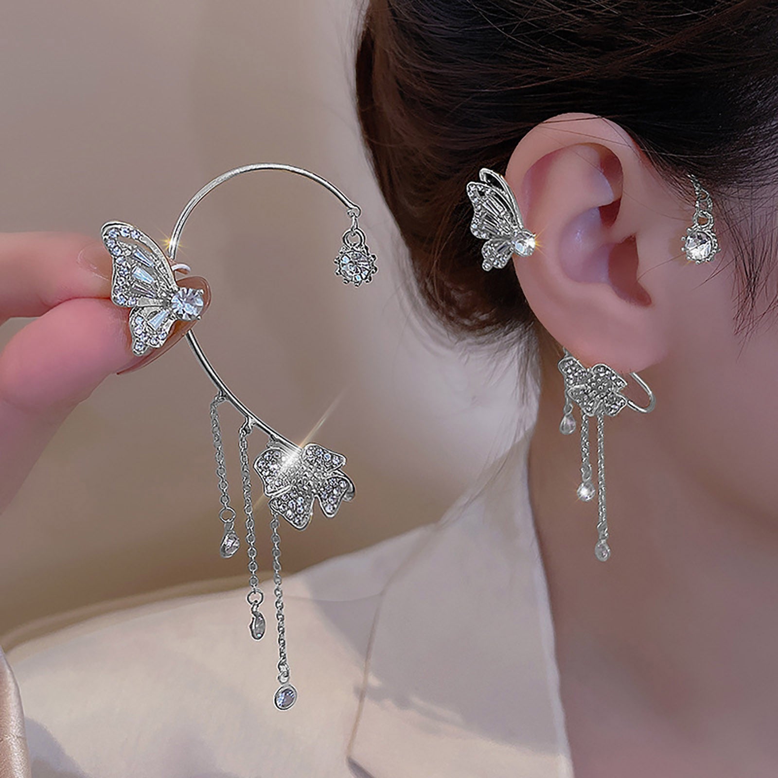 Stylish Butterfly Diamond Clip-On Earrings for Women – No Piercing Needed Butterfly Silver Pair