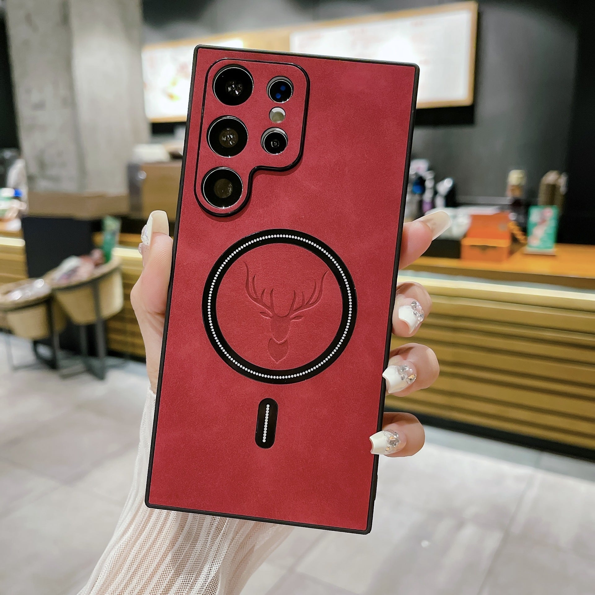 Magnetic Leather Case with Deer Design – For Samsung Red