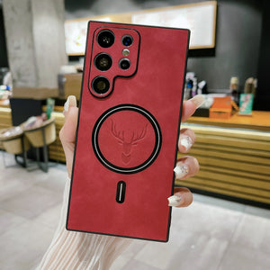 Magnetic Leather Case with Deer Design – For Samsung Red